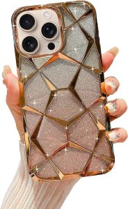 VONZEE Gradient Glitter Case for iPhone 16 Pro, Luxury Electroplated 3D Cube, Diamond Bling Shiny Soft TPU Clear Shockproof Women Girls Protective Phone Cover (Gold)